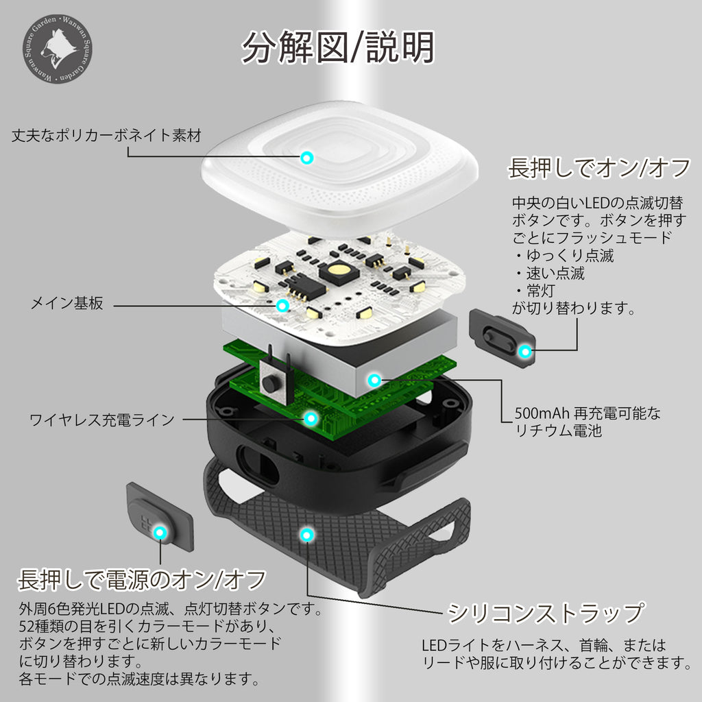 ペット用安全小型LEDライト防水IP65全灯Trueloveブランド7色発光夜の散歩安全対策シリコンストラップ取付ワイヤレス充電LEDレインボーライト