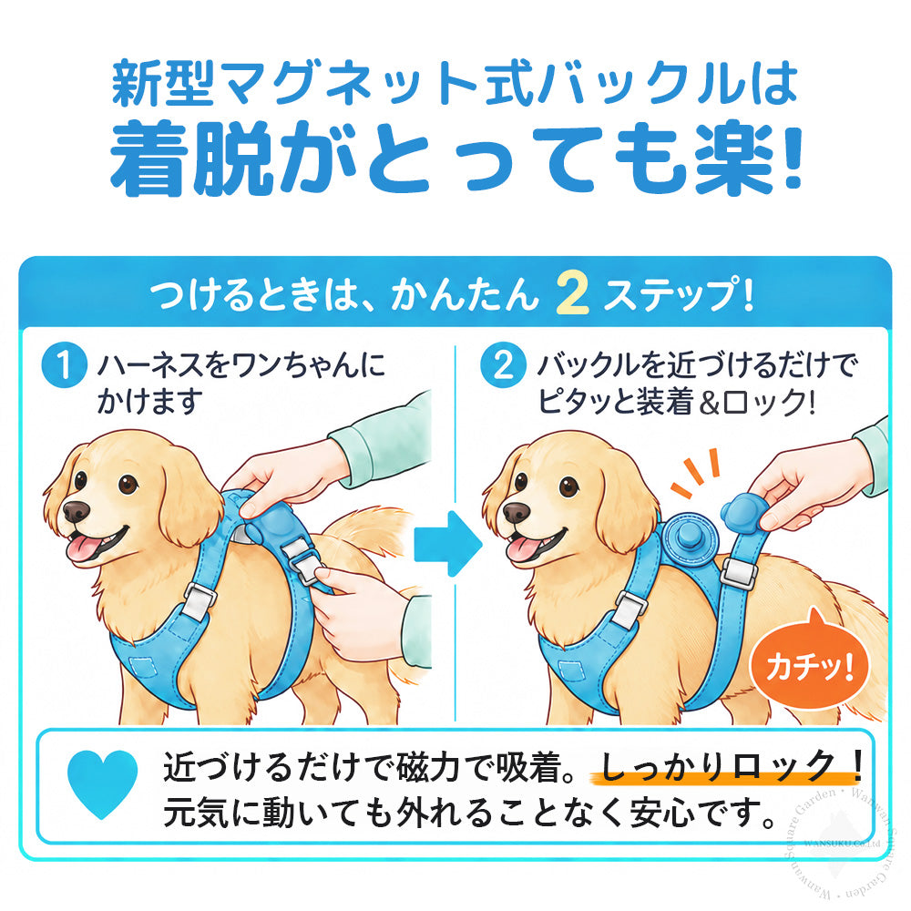 近づけると磁力で位置が合うマグネットバックル 犬用ハーネスTLH6871の装着手順
